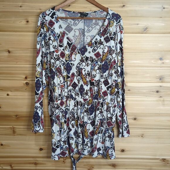 Lane Bryant Womens Top 22/24 Multicolor Paisley Print Blouse Tie Waist - Picture 1 of 9